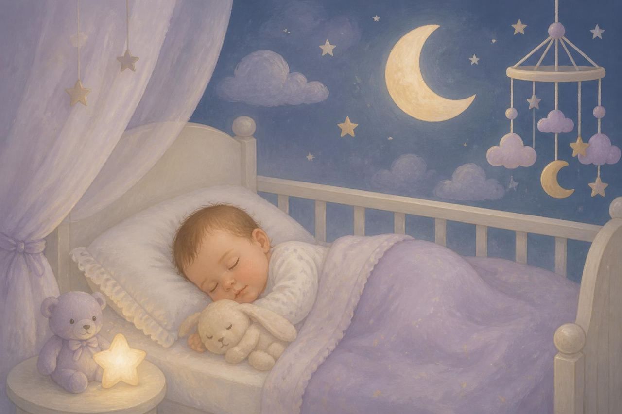 Bébé endormi dans son lit sous un croissant de lune